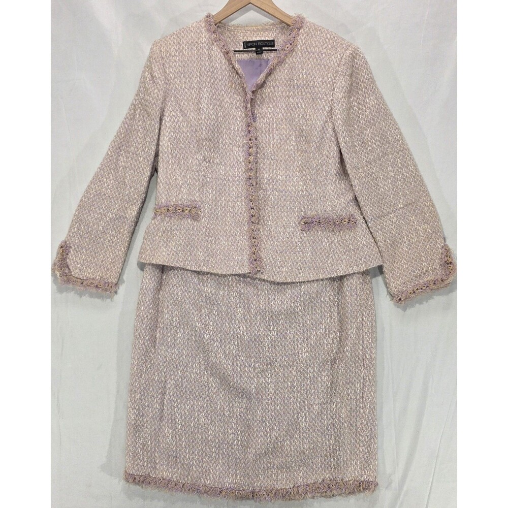 Nipon Boutique Tweed Skirt Suit Women's 16P Lilac Linen Blend Fringe Old Money